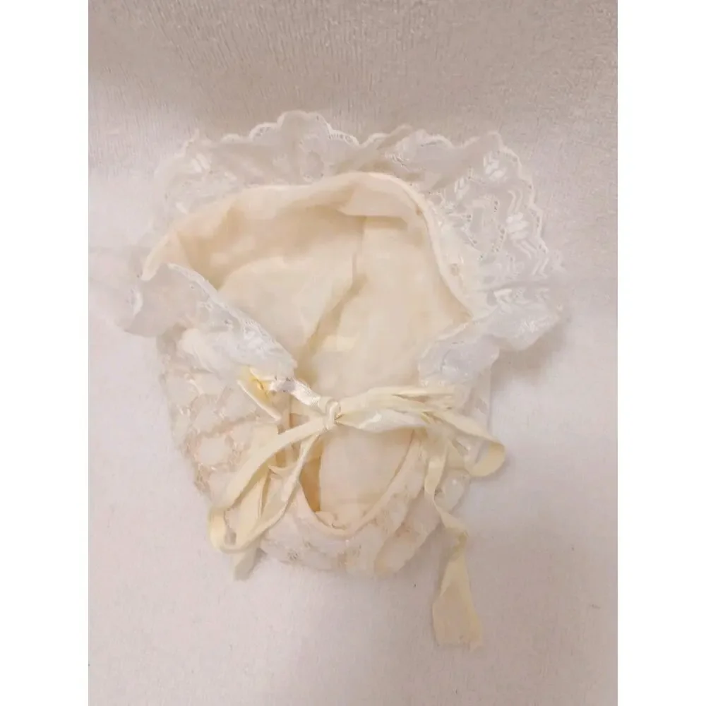 Antique Baby Bonnet Size Small Ivory Ruffled Lace Light Yellow Infant 0-2 Months